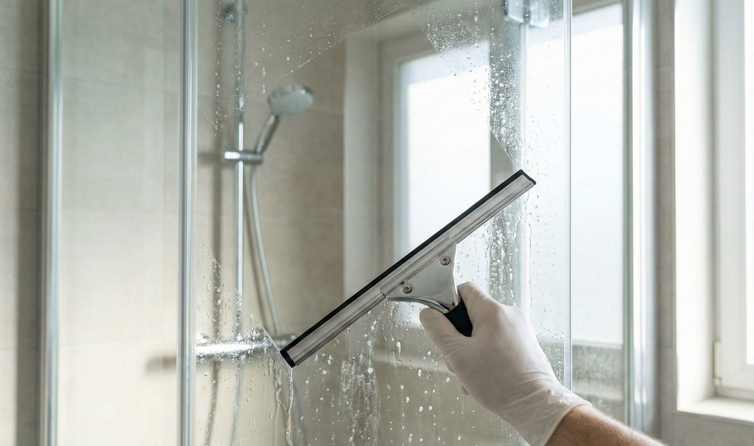 Fenster putzen mit Abzieher in Dusche