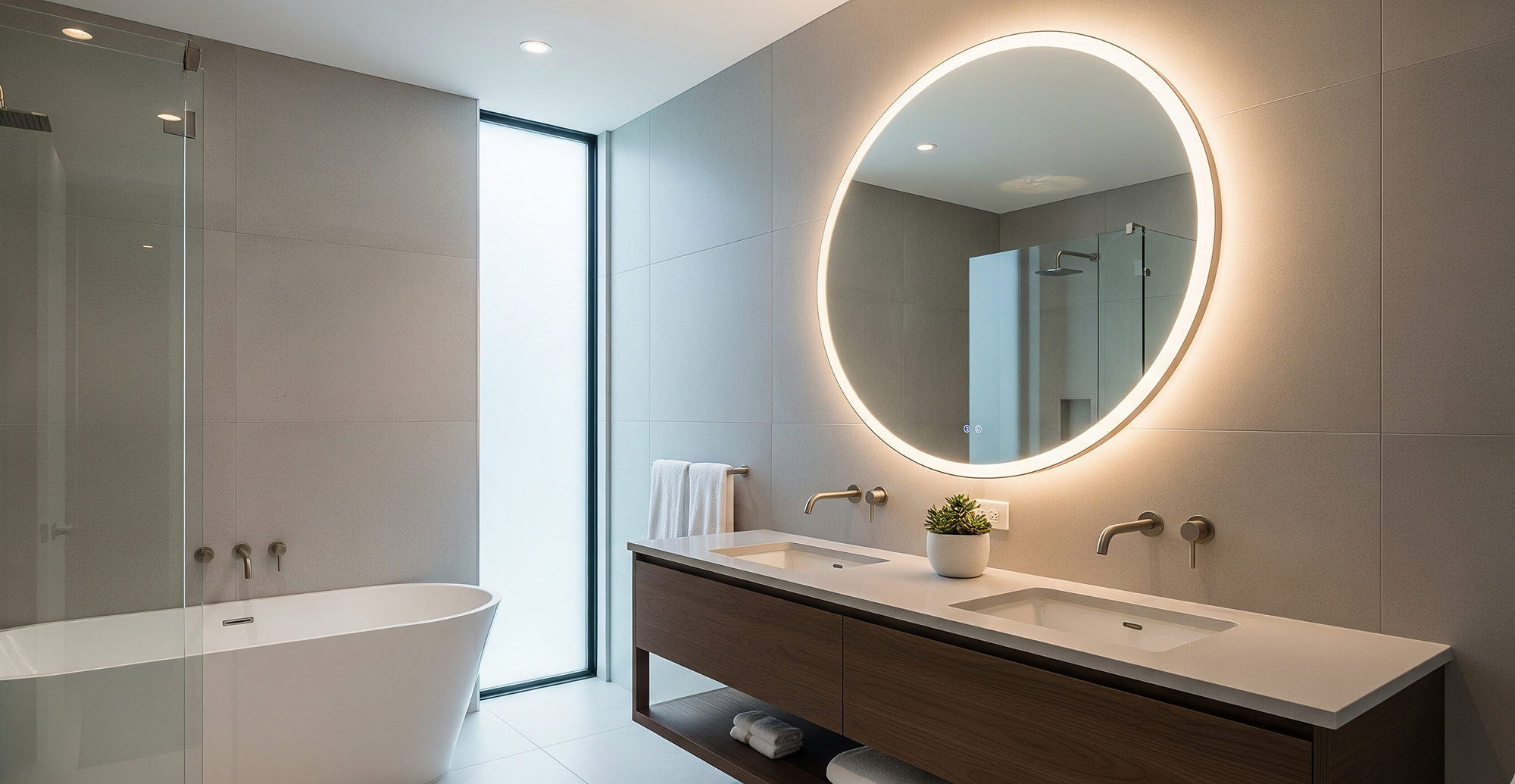 Modernes Badezimmer mit runder Spiegellampe