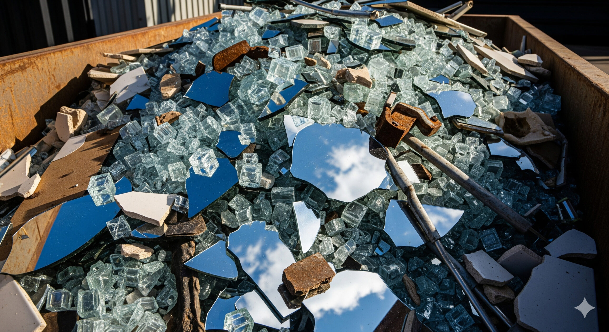 Schrott mit zerbrochenem Glas und Spiegeln.