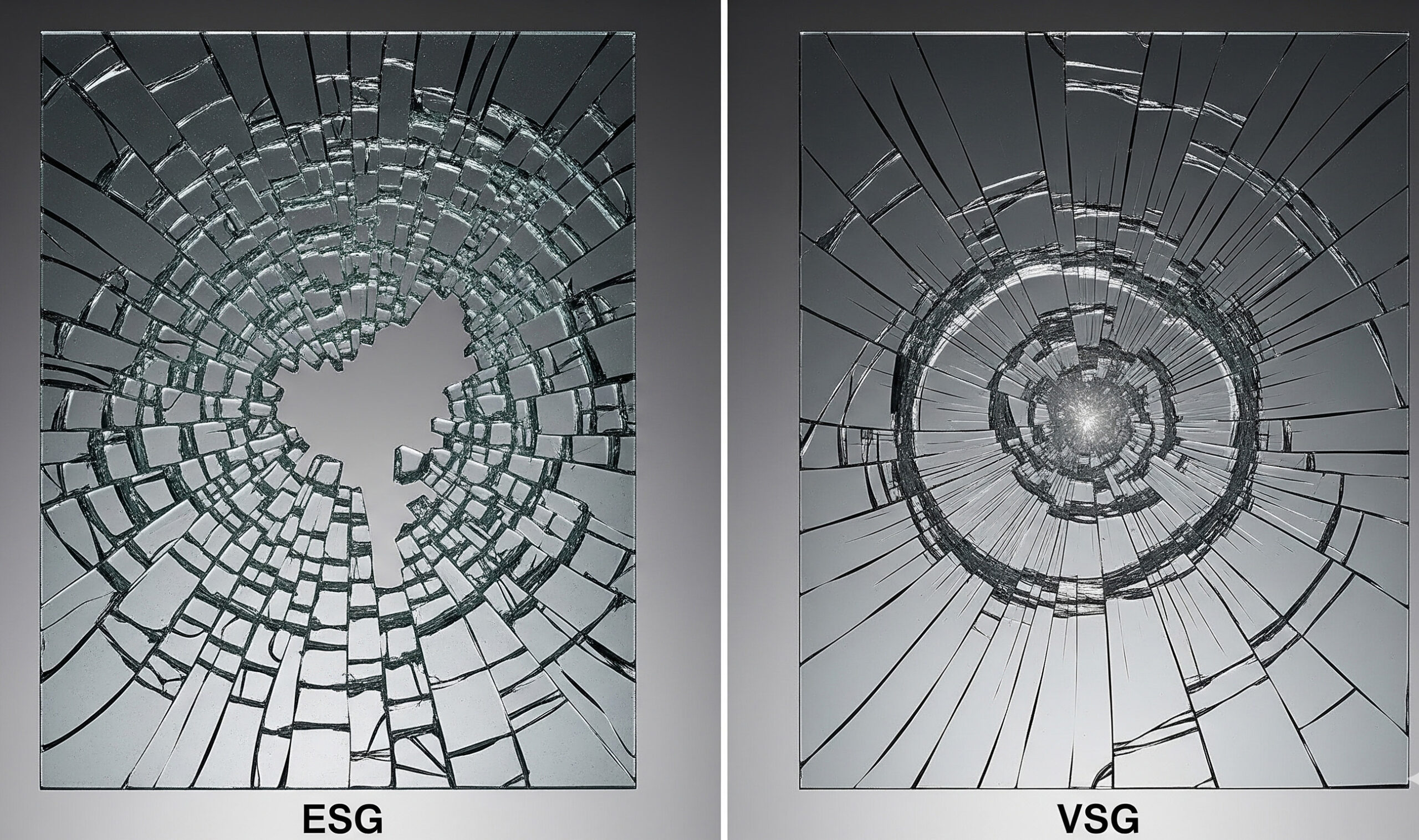 Zwei zerbrochene Glasplatten mit verschiedenen Mustern.