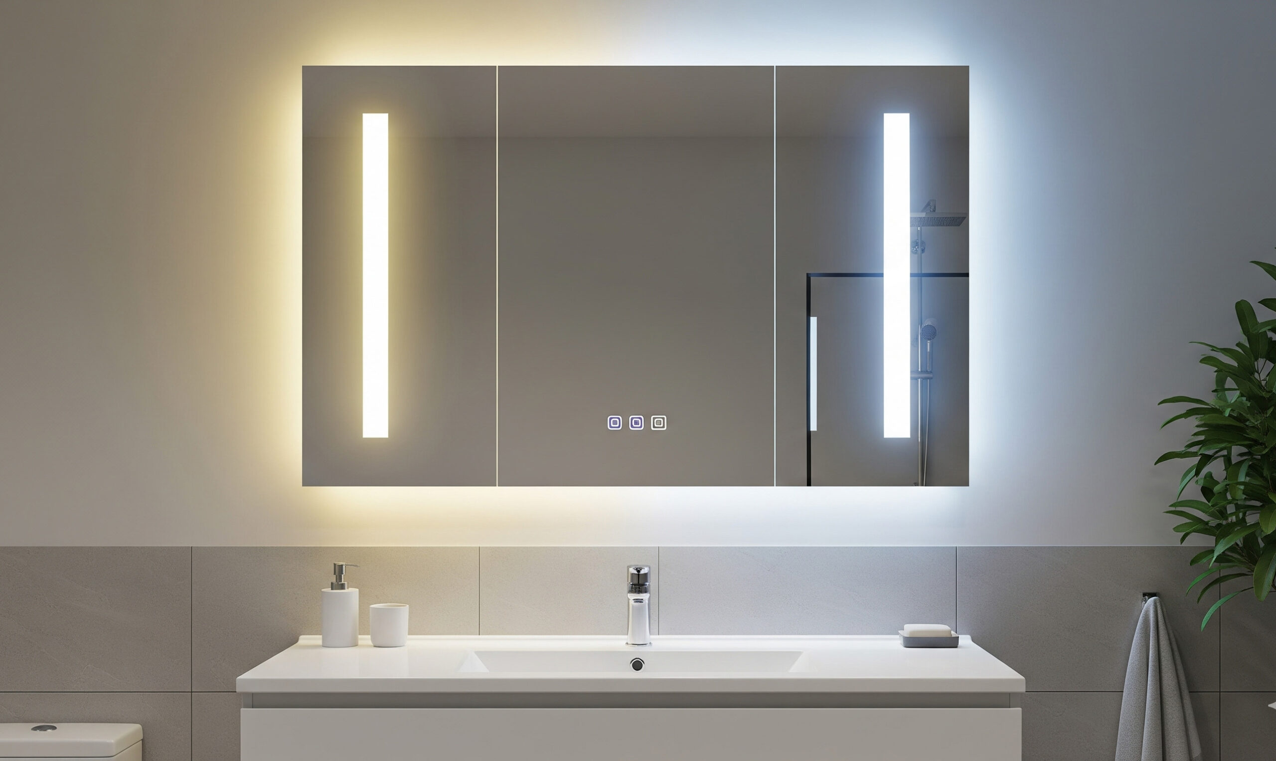 Modernes Badezimmer mit beleuchtetem Spiegel