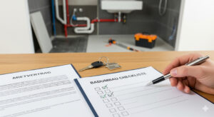 Mietvertrag und Badumbau-Checklist auf Tisch.