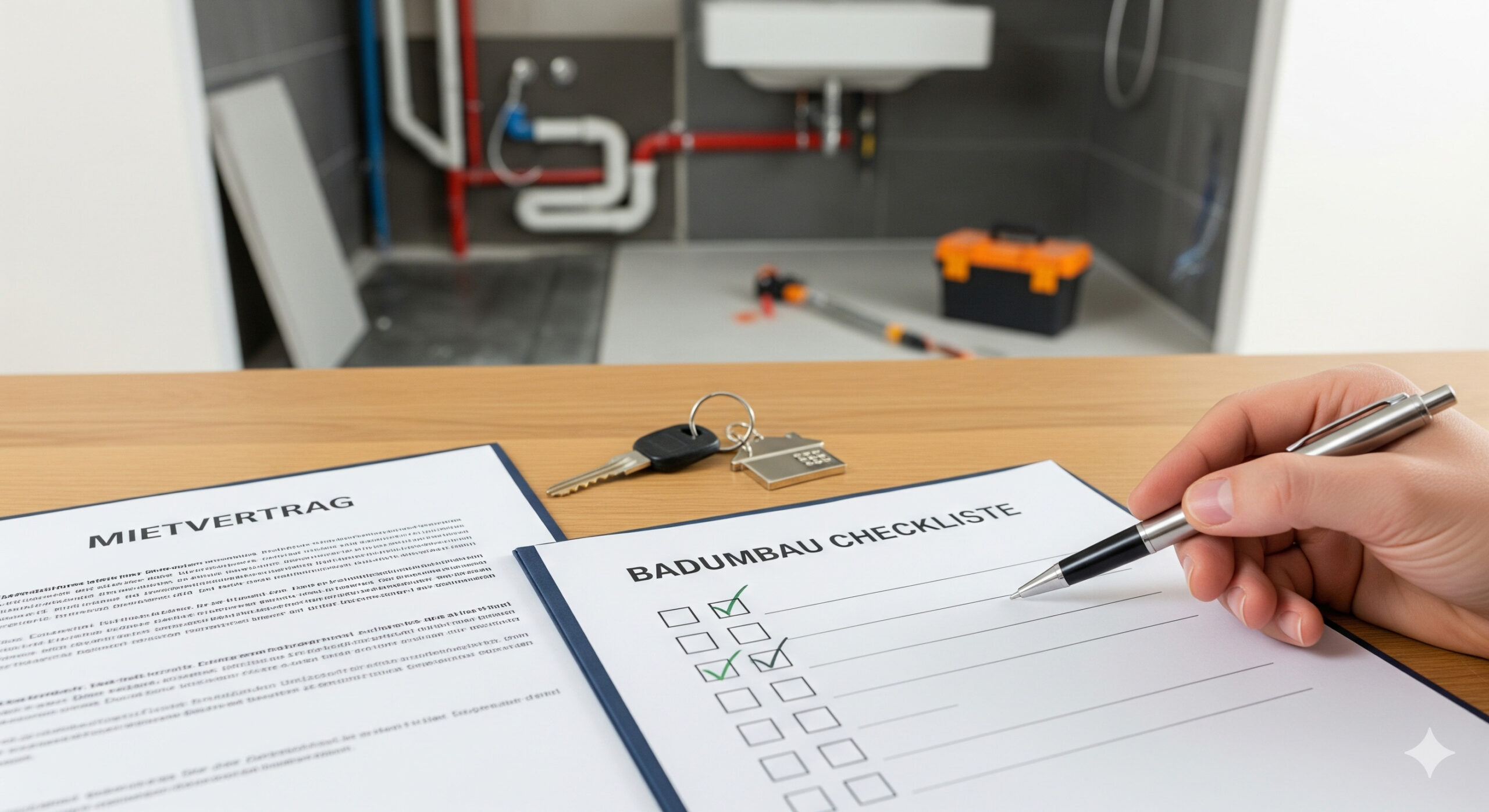 Mietvertrag und Badumbau-Checklist auf Tisch.