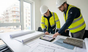 Architekten besprechen Baupläne und Materialien.