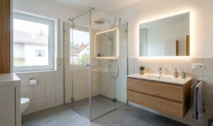 Modernes Badezimmer mit Glasdusche und Holzwaschtisch