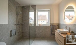 Modernes Badezimmer mit Glasdusche und Holzwaschtisch