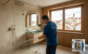 Handwerker misst Glasduschwand im modernen Badezimmer